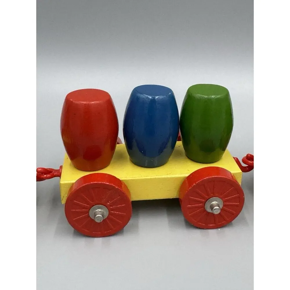 Childrens Wooden Pull Toy Train 4 Cars Primary Colors